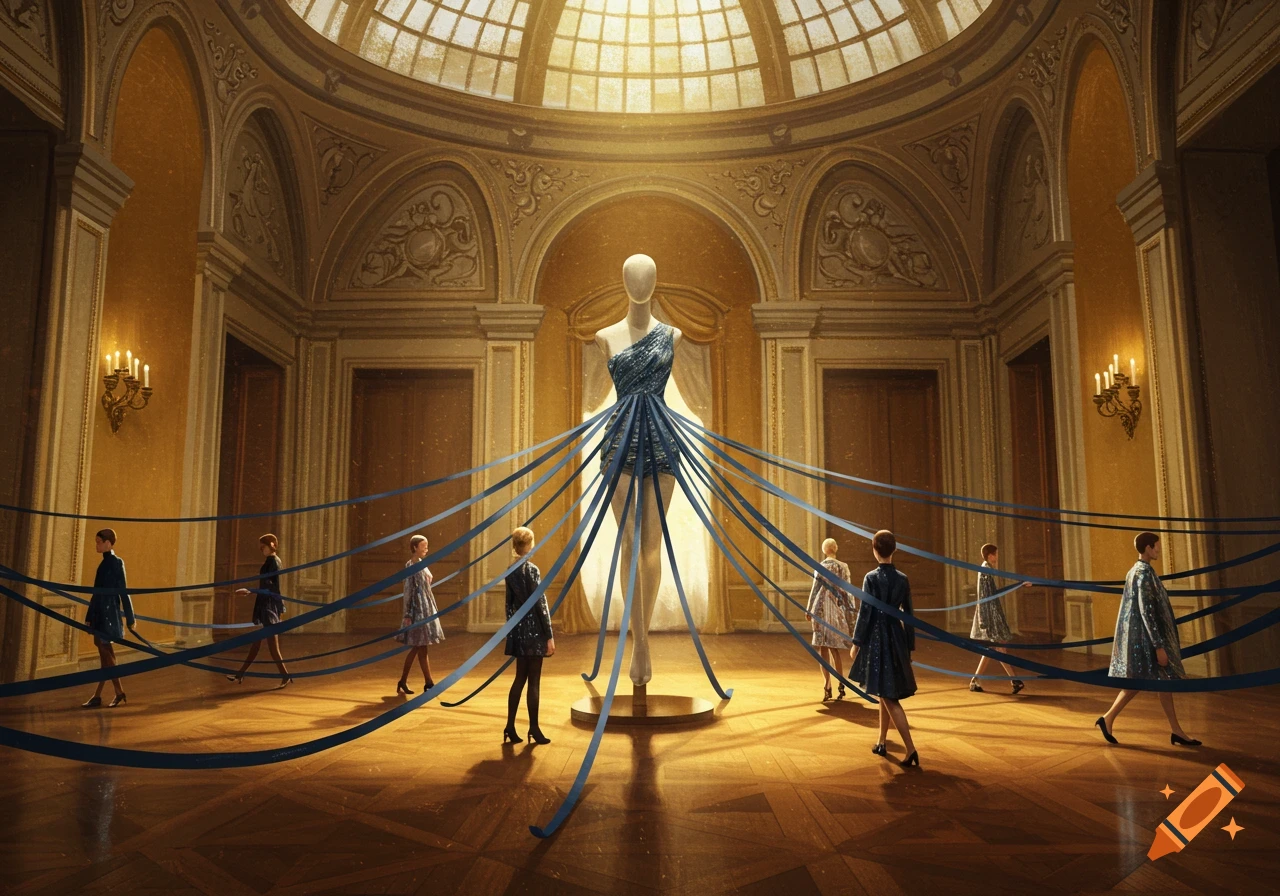 Digital painting of a mannequin in a blue dress with ribbons, surrounded by models in an ornate, sunlit hall.