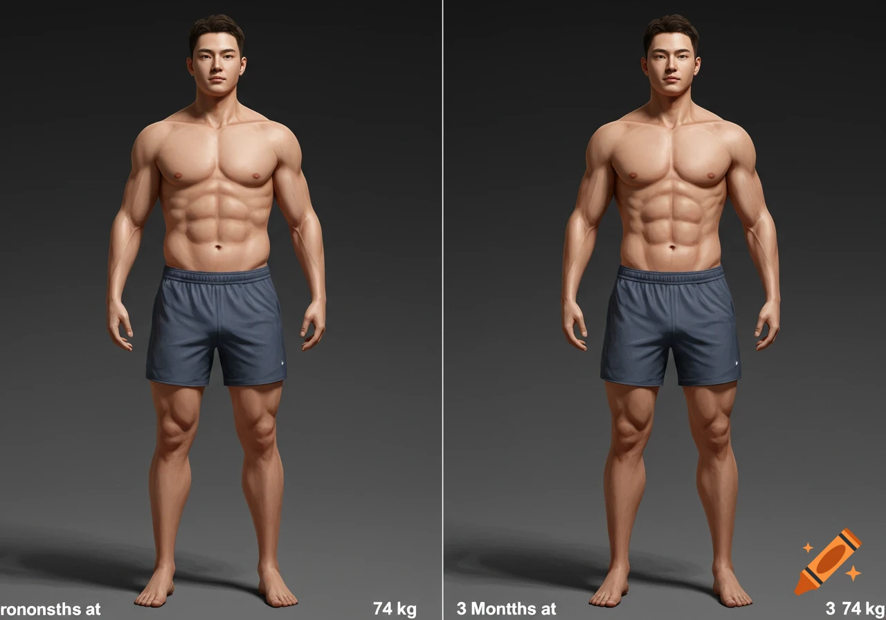 Realistic image of a man's before and after fitness comparison, showing muscular development and a fit physique.