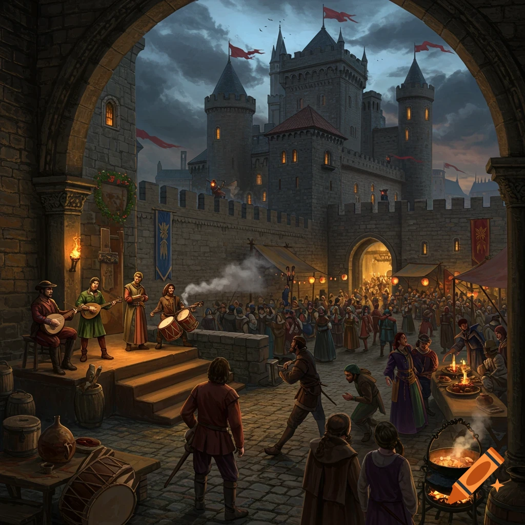 A bustling medieval castle courtyard at dusk, with musicians performing on a stage, market stalls, and a large crowd.