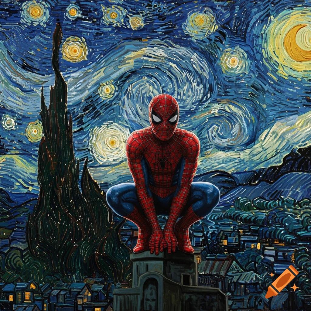 Spider-Man crouching on a building with a dramatic, swirling night sky in the style of Van Gogh's "The Starry Night" above a small town.