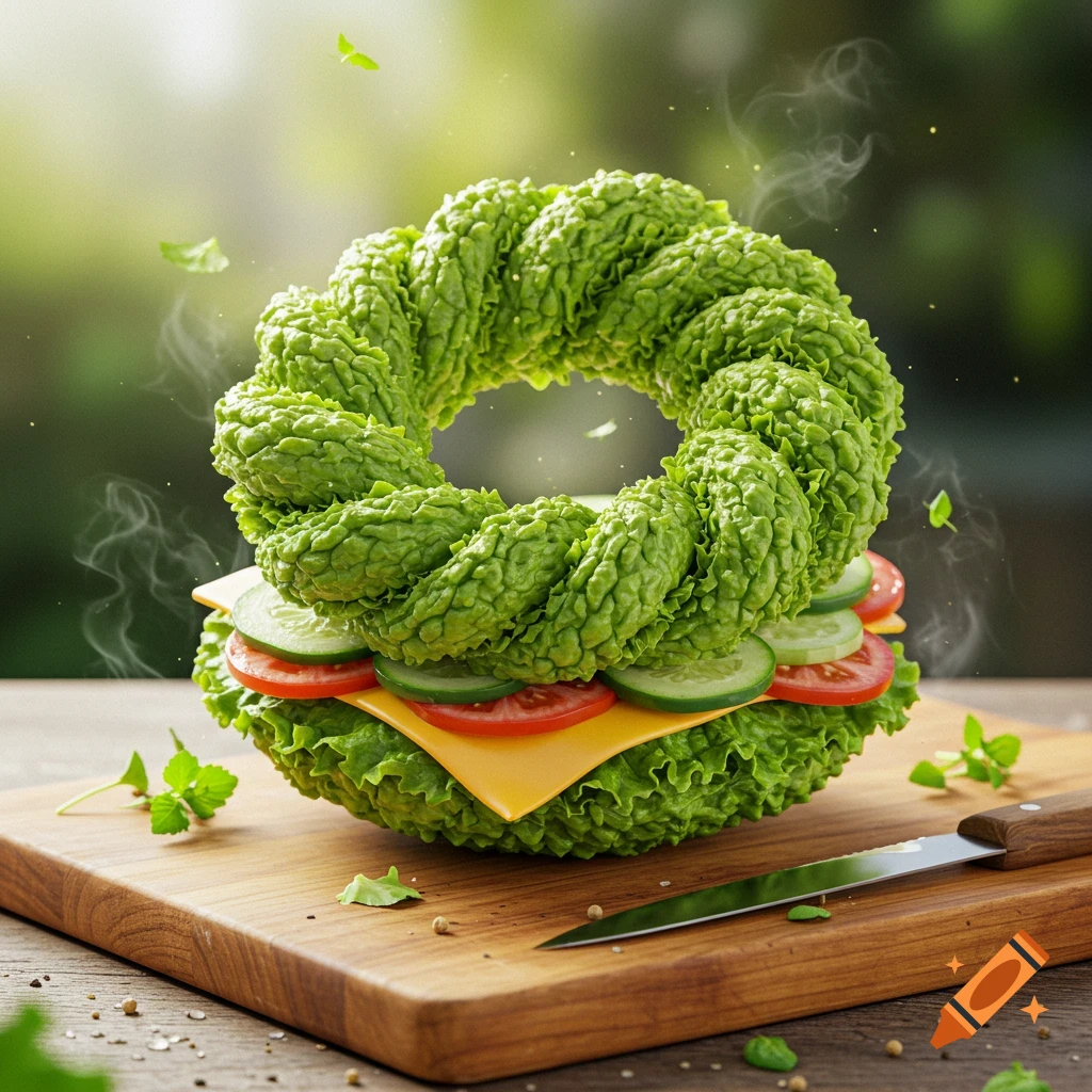 Photorealistic bagel made of braided lettuce, layered with cucumber, tomato, and cheese, on a wooden cutting board with a knife.