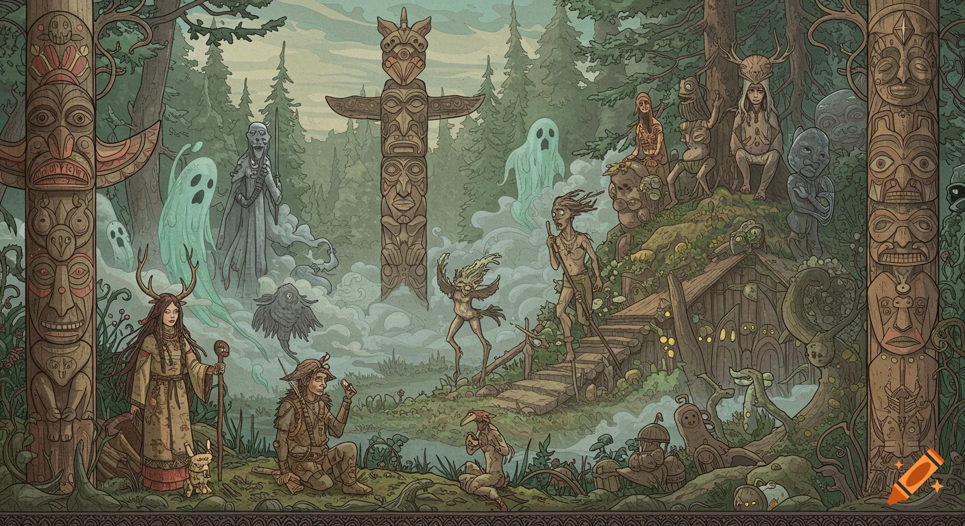 A highly detailed illustrative forest scene with totem poles, mystical figures, spirits, and unusual creatures in a folklore art style.