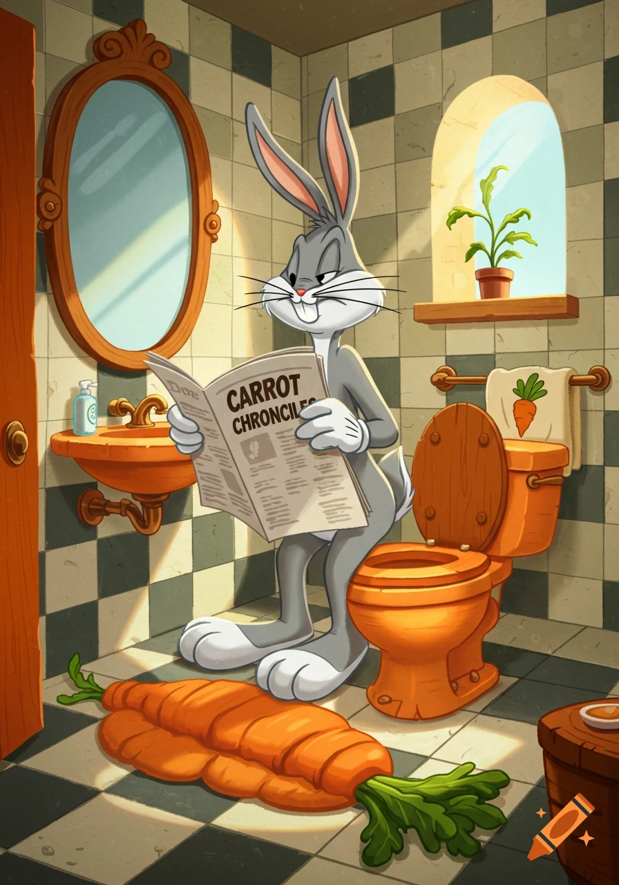 Bugs Bunny sits on a toilet in a checkered bathroom, reading a newspaper titled 'Carrot Chronicles' with a giant carrot on the floor.