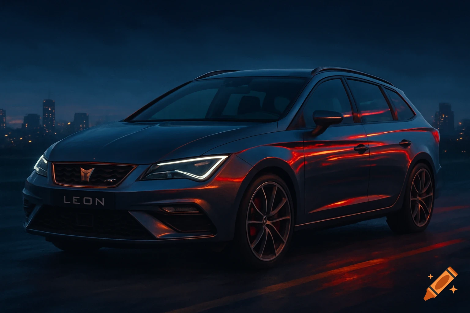 A sleek dark gray Cupra Leon car with glowing red reflections on its side, parked at night with a city skyline in the background.