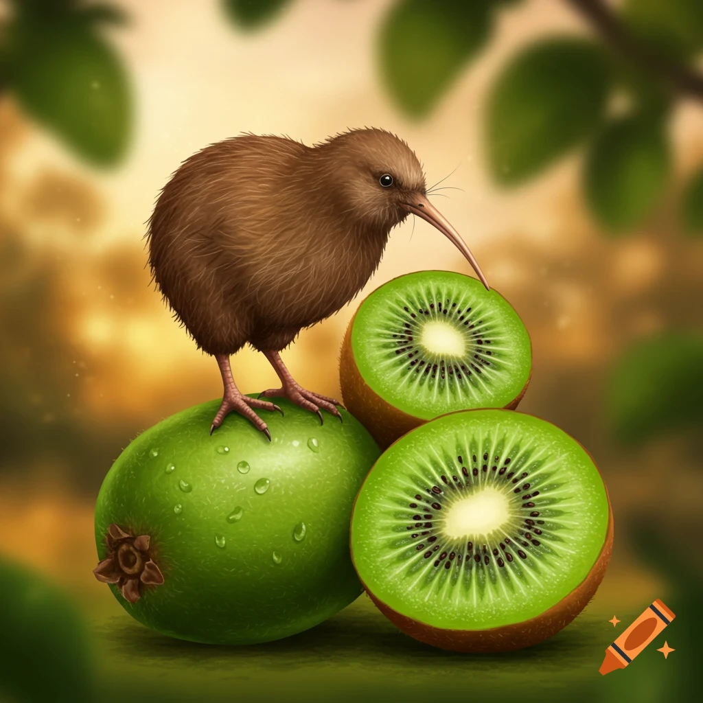 A brown kiwi bird stands on a green whole kiwi fruit, with two sliced kiwi fruits nearby, against a blurred natural background.