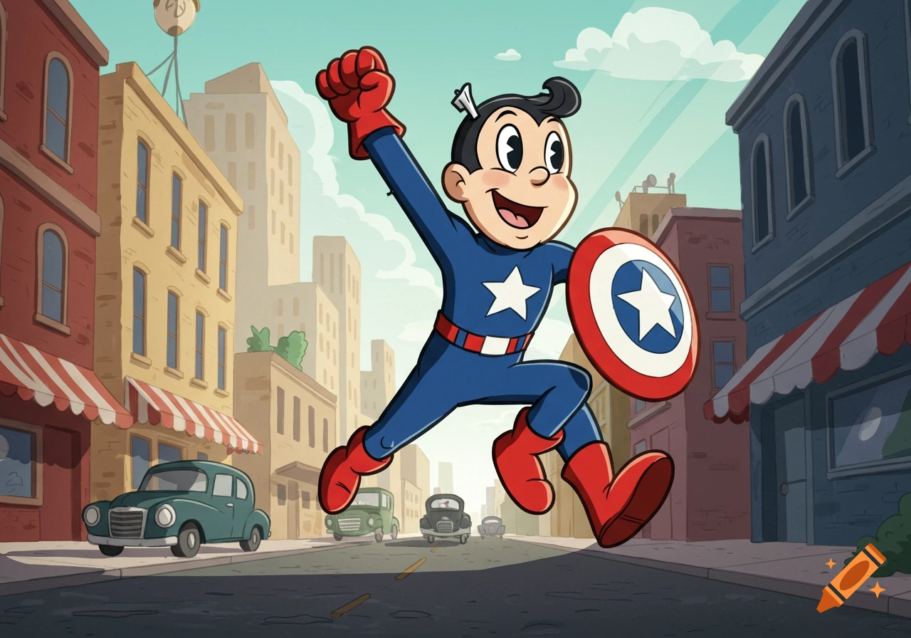 A rubber hose cartoon hero, styled like Captain America, runs through a vintage city street with a star shield.