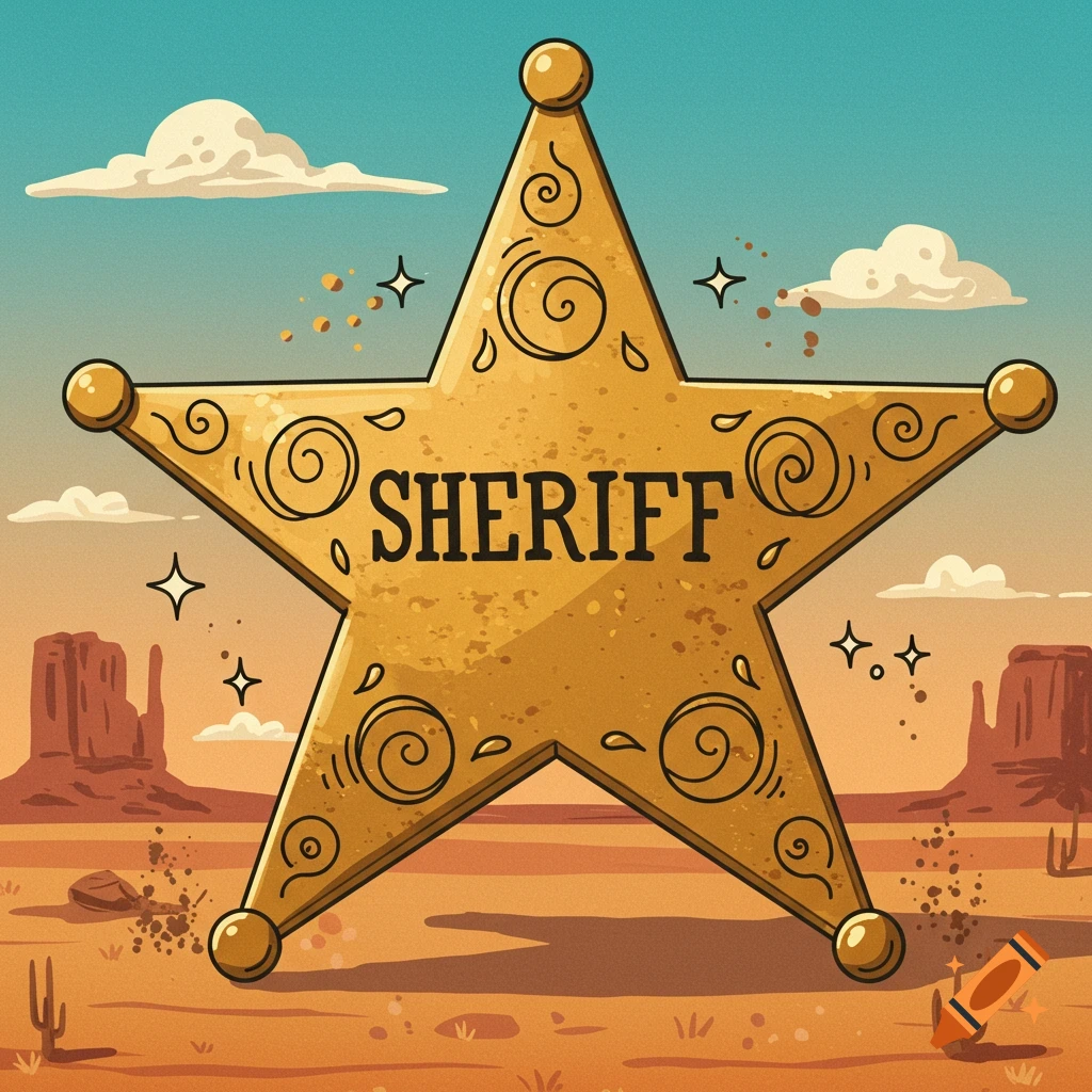 Cartoon golden sheriff's star with 'SHERIFF' text, set in a western desert landscape with mesas and cacti.
