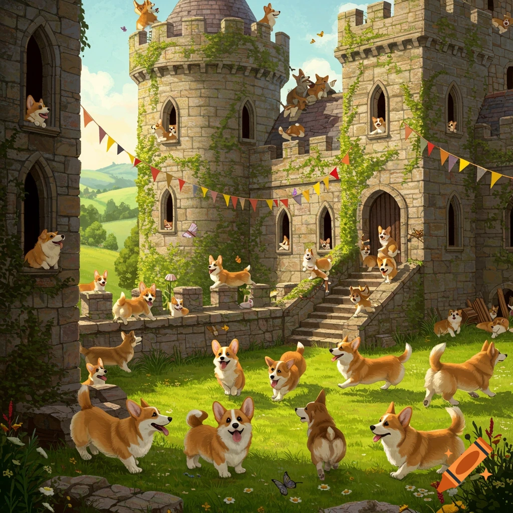 Numerous whimsical corgis play in and around a stone castle adorned with ivy and colorful banners on a sunny day.