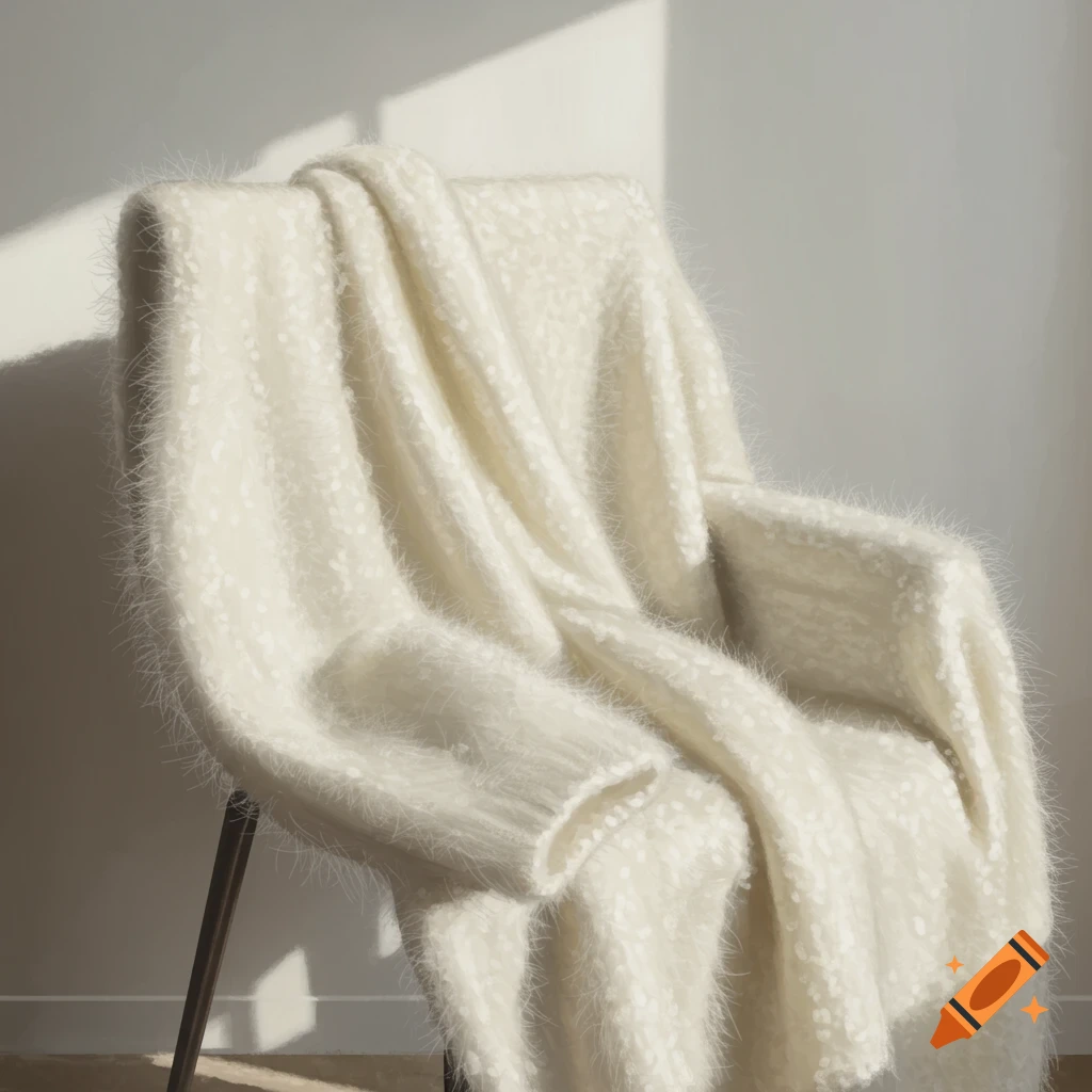 A soft, fluffy white mohair sweater draped over a modern chair in a sunlit room, casting shadows on the wall.