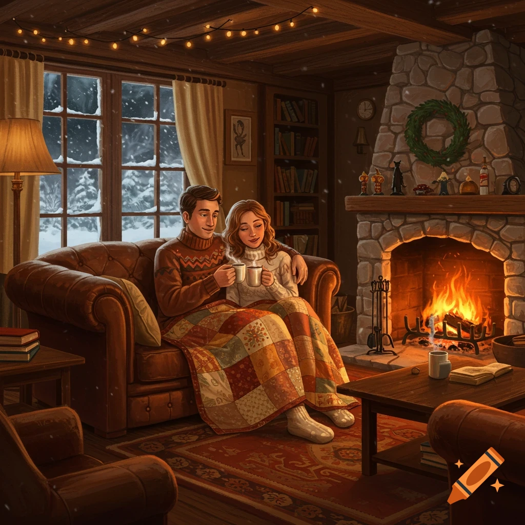 An illustration of a couple snuggled under a blanket on a couch, holding mugs by a warm fireplace in a cozy, snow-covered cabin.