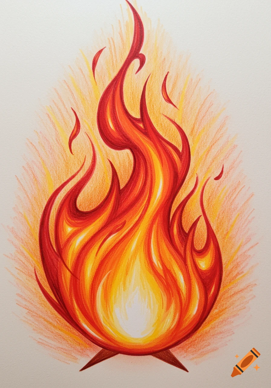 A vibrant, stylized drawing of a fire with yellow, orange, and red flames, sketched on a white background.