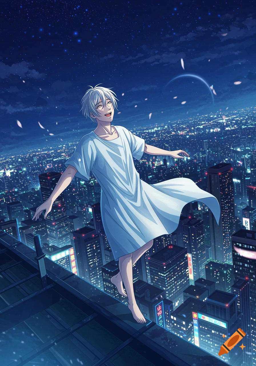 Anime man with silver hair in a white gown happily balances on a skyscraper's edge, overlooking a vast, glittering night city.