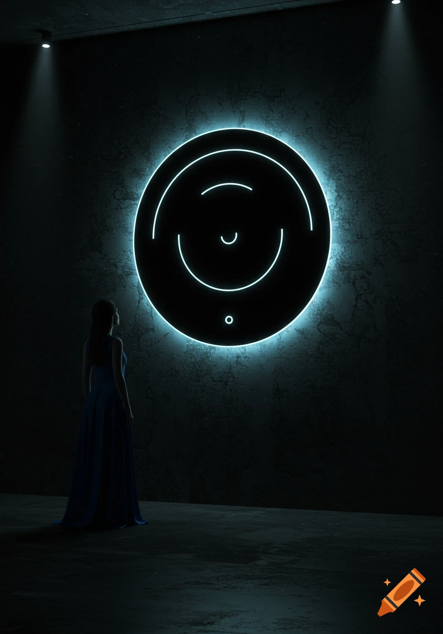 A woman in a blue dress stands, looking at a large glowing blue abstract circle on a dark, textured wall.