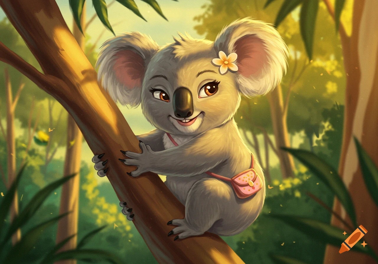 Cute cartoon koala with a flower and pink fanny pack climbs a tree in a sun-dappled forest.