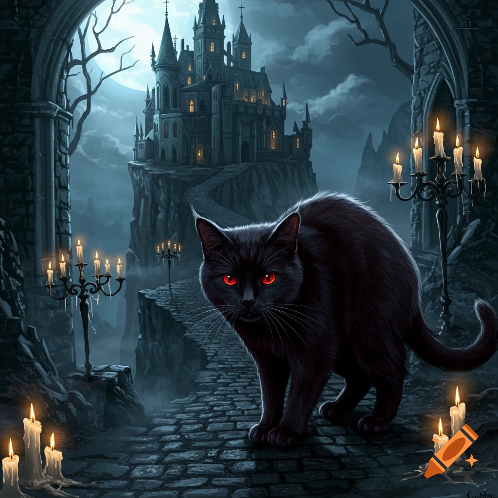 A black cat with glowing red eyes on a stone path leads to a gothic castle under a full moon, with candelabras and fog in a dark fantasy scene.