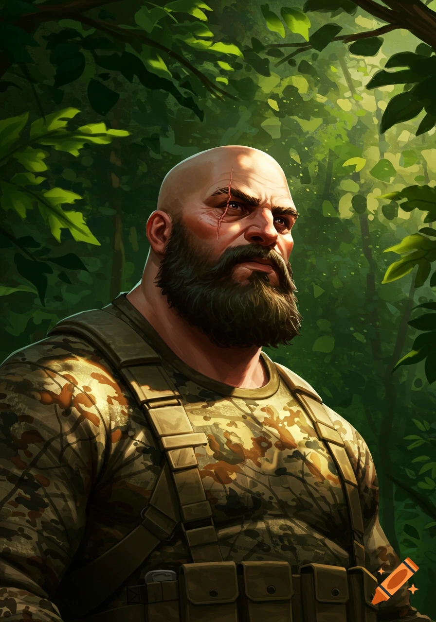 Stylized illustration of a bald, bearded man with a scar, wearing a camouflage outfit, in a lush green jungle.