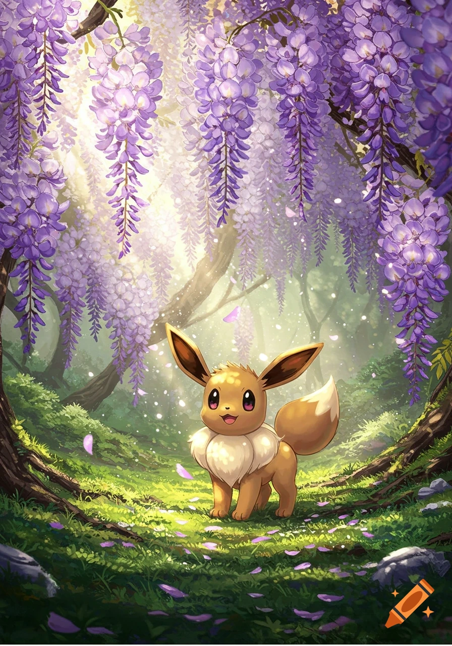 Eevee stands in a magical forest filled with purple wisteria flowers and sparkling light.