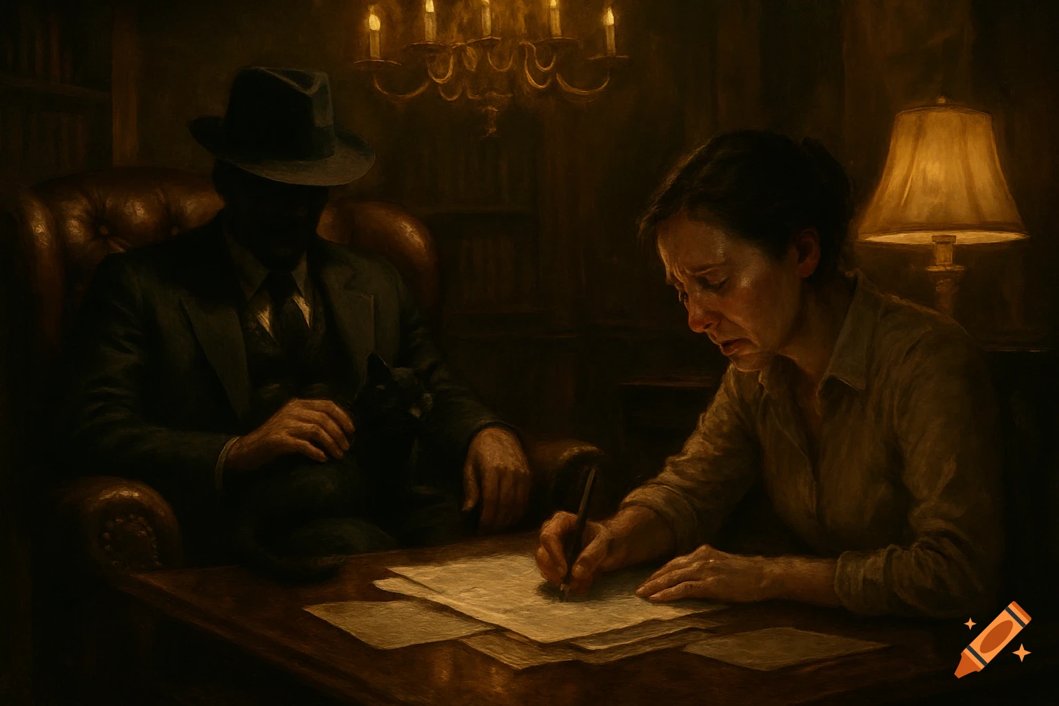 A man in a fedora holds a black cat as a crying woman writes at a desk in a dark, dramatic room. Painterly style.