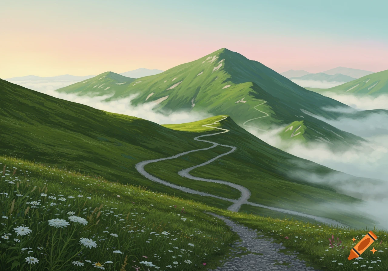 Lush green mountain landscape with winding gravel paths disappearing into misty clouds under a soft sky, in an illustrative style.