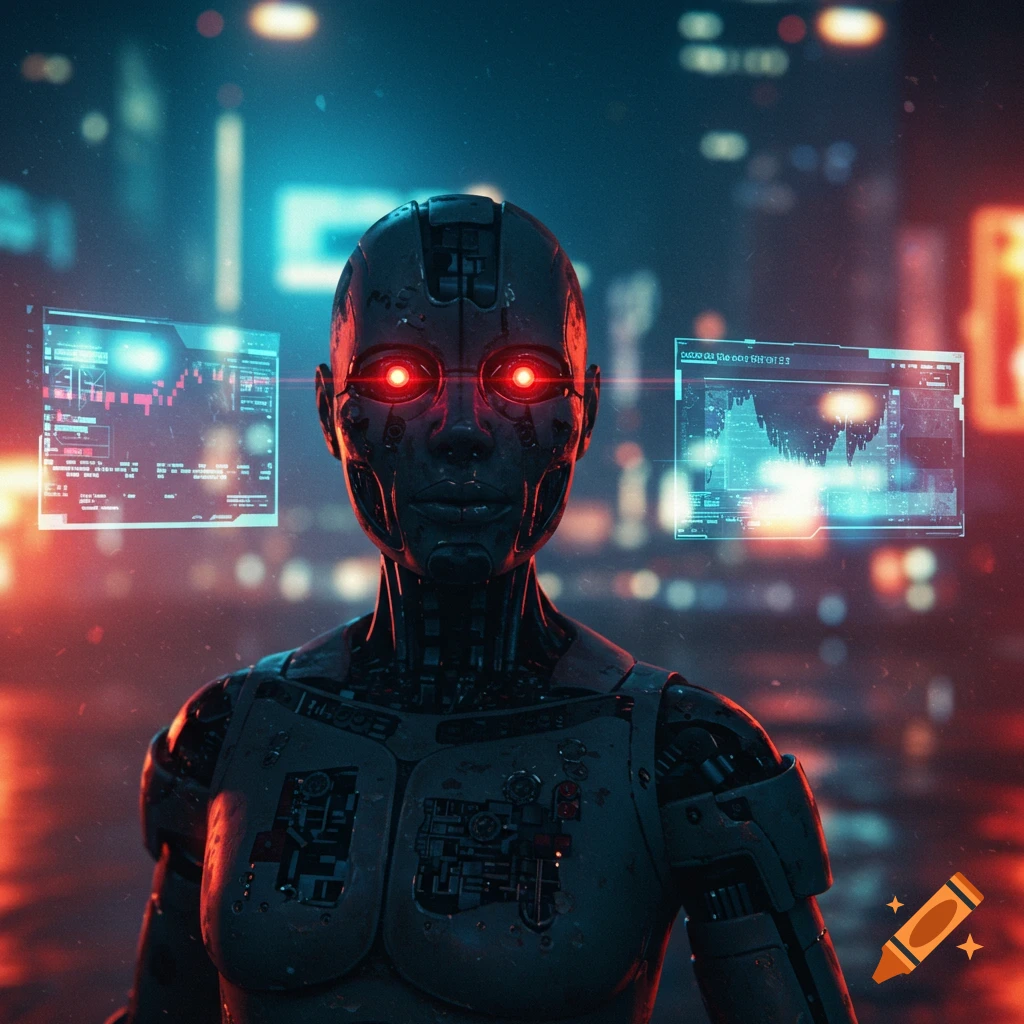 A dark, cyberpunk robot with glowing red eyes stands in a neon-lit city street with holographic data screens around its head.