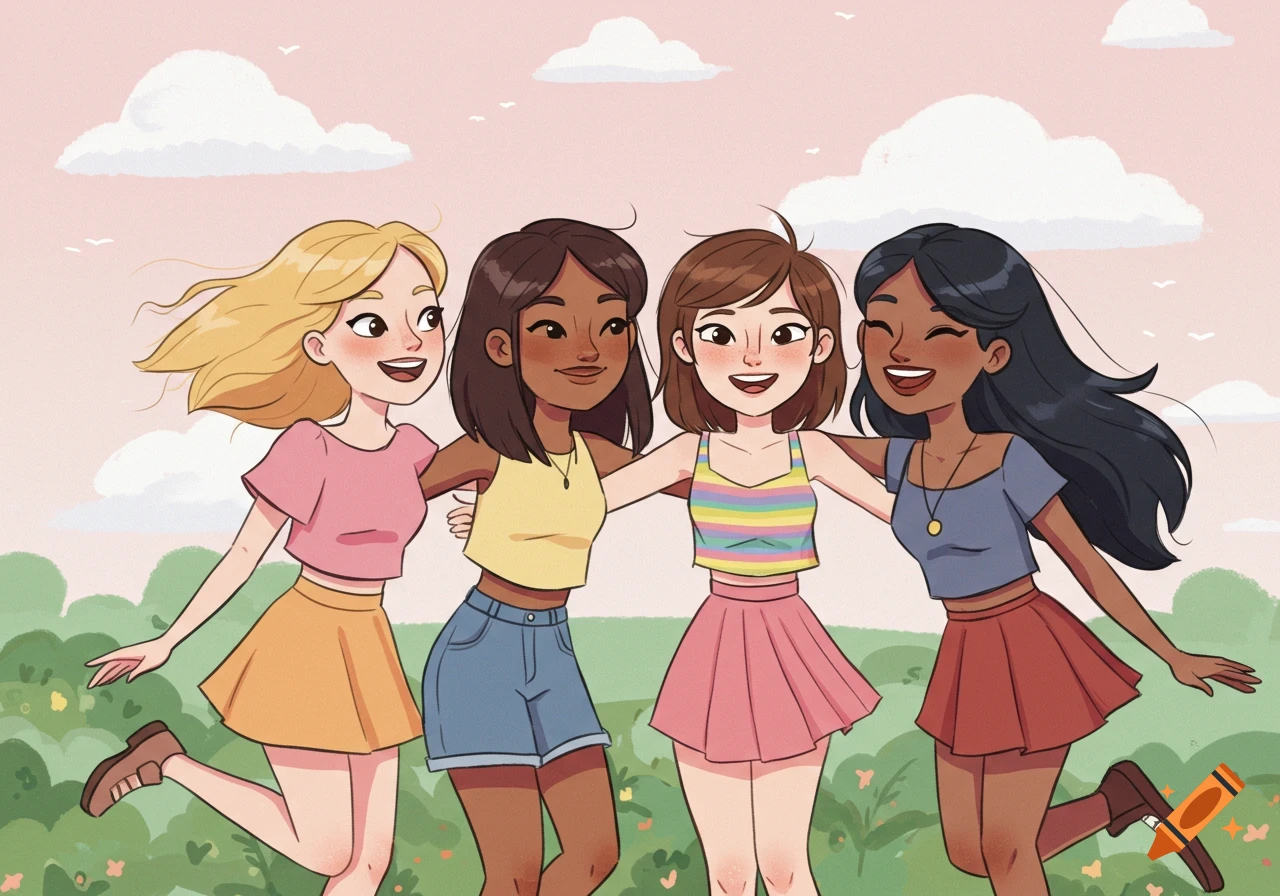 Four diverse cartoon girls, smiling and hugging, skip through a green park under a pink sky.