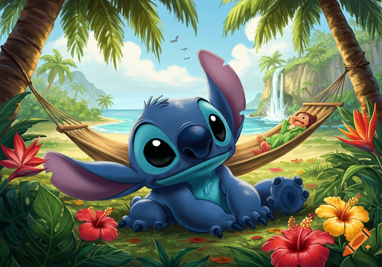 Stitch sits on a tropical beach near a human in a hammock, surrounded by palm trees and flowers.