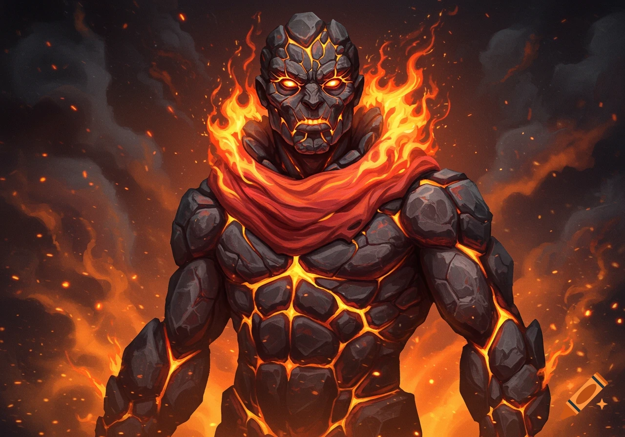 A powerful humanoid made of dark volcanic rock with glowing lava cracks and fiery eyes, surrounded by flames and a red fiery scarf.