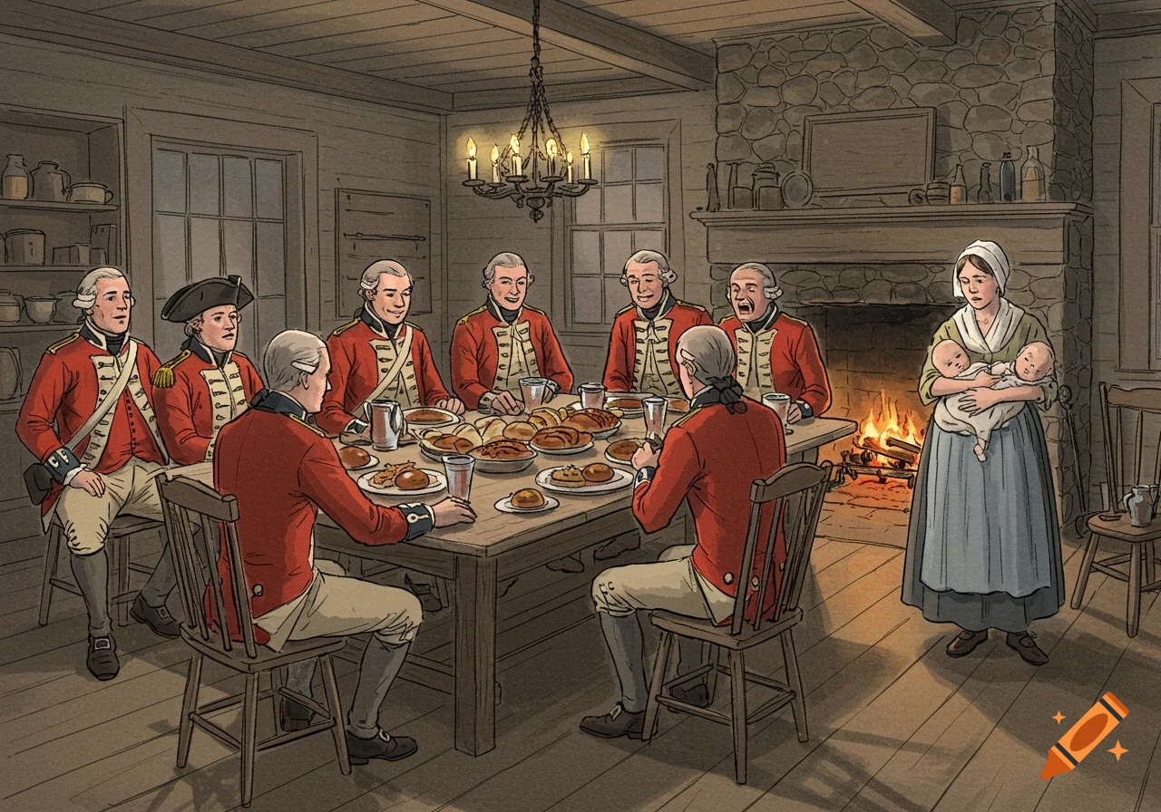 An illustration of British soldiers in red coats eating loudly at a table while a distressed colonial woman in blue holds two babies by a fireplace.