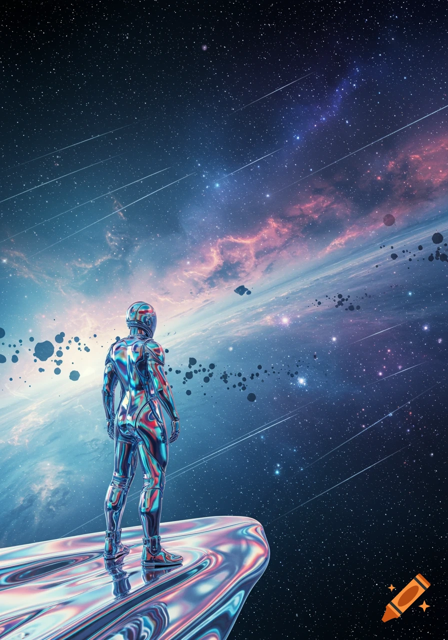 A chrome astronaut stands on a metallic surface, looking out at a vast, colorful starry galaxy with shooting stars and asteroids.