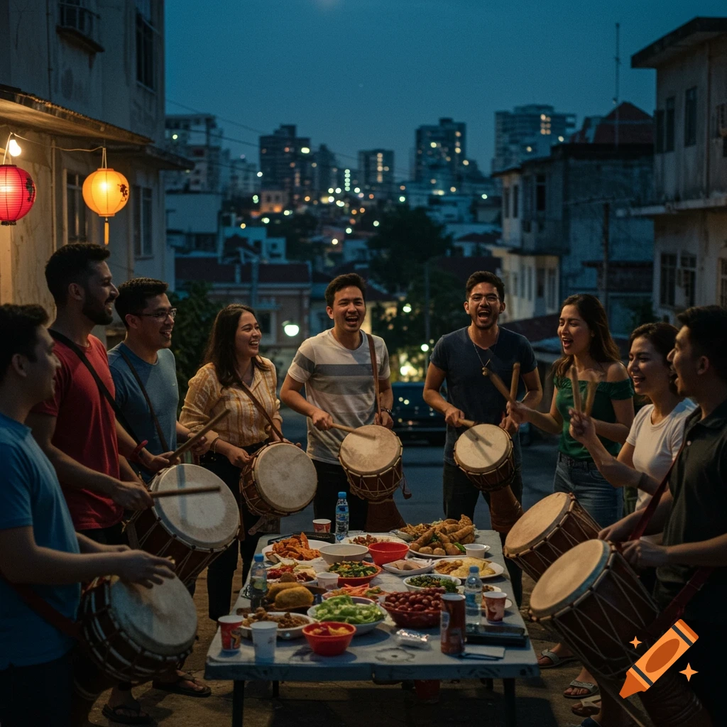 A diverse group of friends plays drums and shares a meal at an outdoor night gathering in a city alleyway.