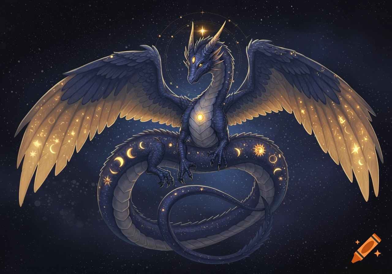 Majestic indigo dragon with golden, star- and moon-covered wings, coiled against a starry celestial background.
