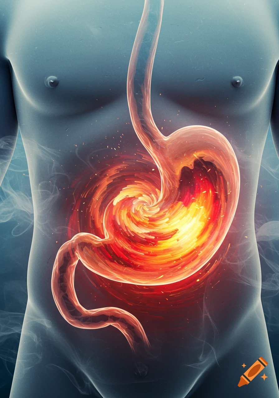 3D render of a human torso showing a stylized esophagus and stomach, with the stomach glowing fiery orange and red, swirling with energy.