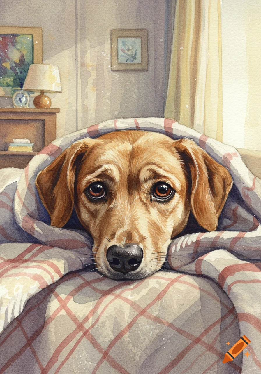Watercolor painting of a sad brown dog peeking out from under a red and white plaid blanket in a cozy room.