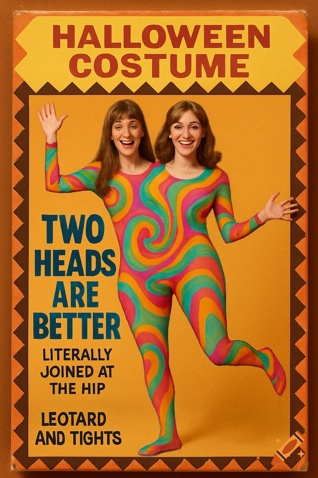 A vintage-style Halloween costume package features two women merged into one, wearing a psychedelic swirl-patterned leotard. Text reads "Halloween Costume," "Two Heads Are Better," "Literally Joined at the Hip," and "Leotard and Tights."