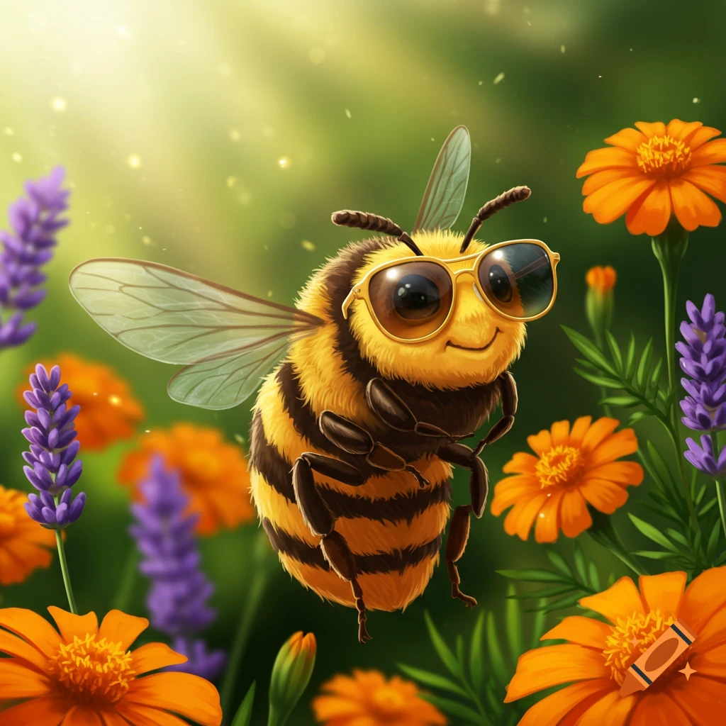 A cute, fuzzy cartoon bee wearing sunglasses flies in a vibrant garden surrounded by orange and purple flowers.