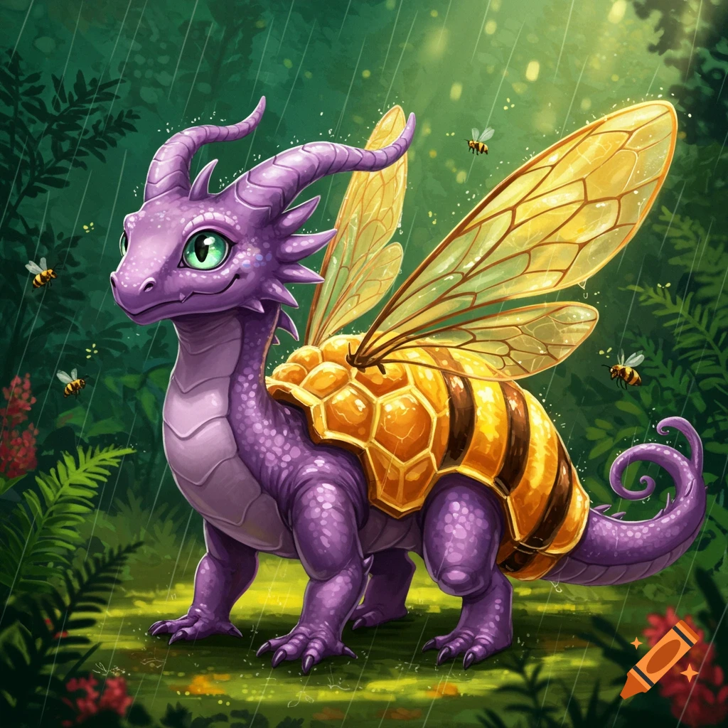 A cute purple dragon-like creature with green eyes and a honeycomb-patterned bee abdomen and transparent bee wings stands in a lush, rainy forest with bees flying around.