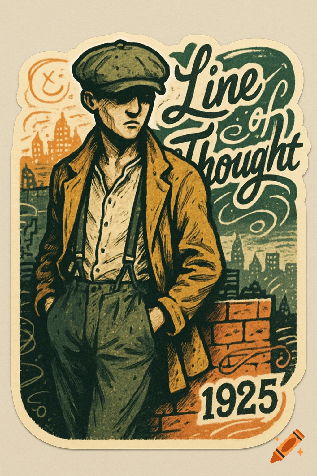 A stylized vintage illustration of a man in a flat cap and suspenders, standing in front of a city skyline with text 'Line of Thought 1925'.