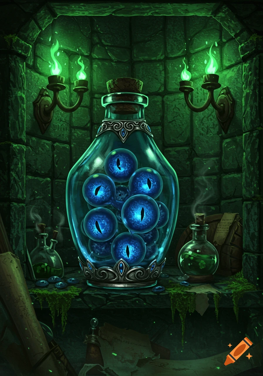 A large glass bottle filled with glowing blue newt eyes sits on a broken shelf in a dark, mossy dungeon, lit by green magical flames.