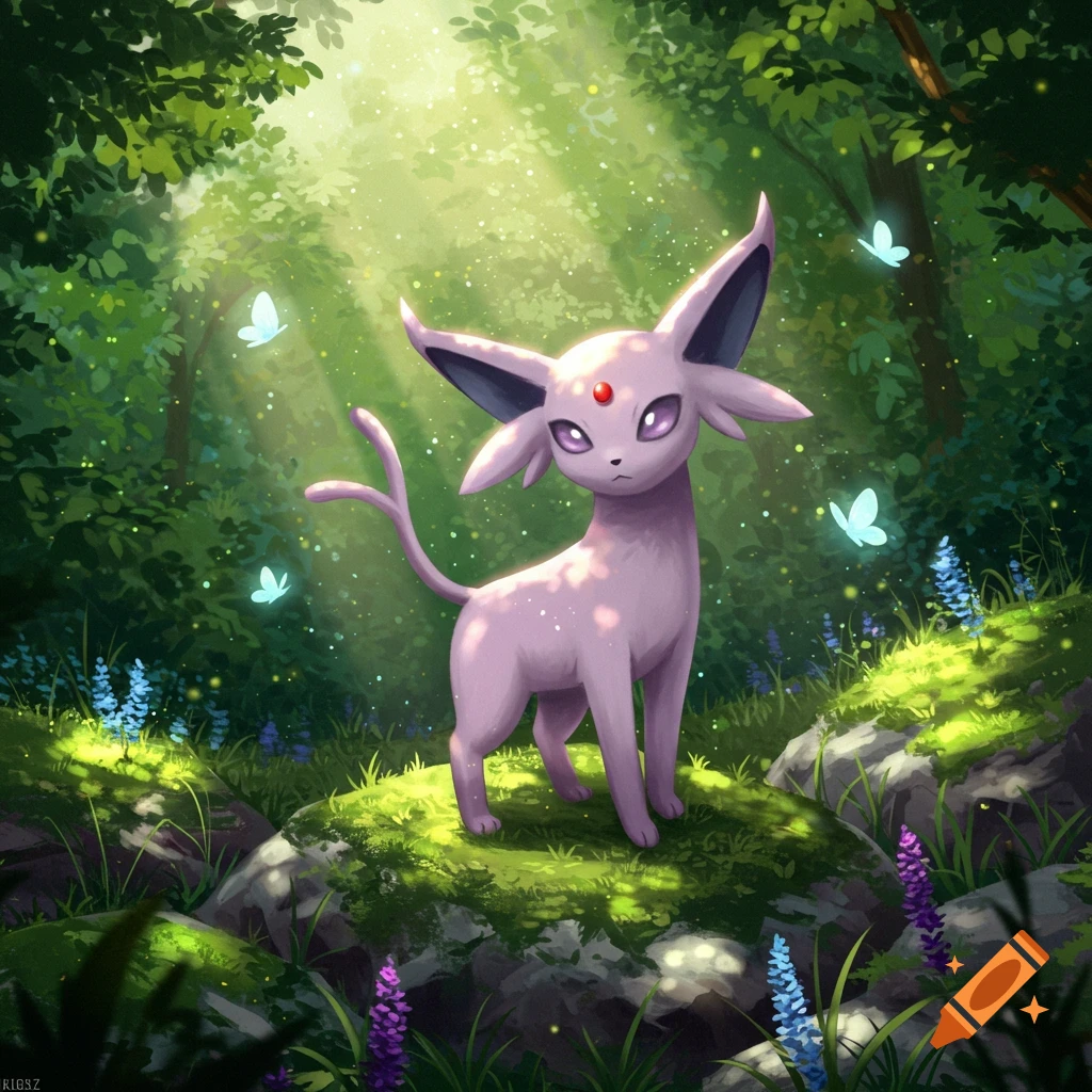 A purple Espeon stands on a mossy rock in a magical, sun-dappled forest with glowing butterflies.