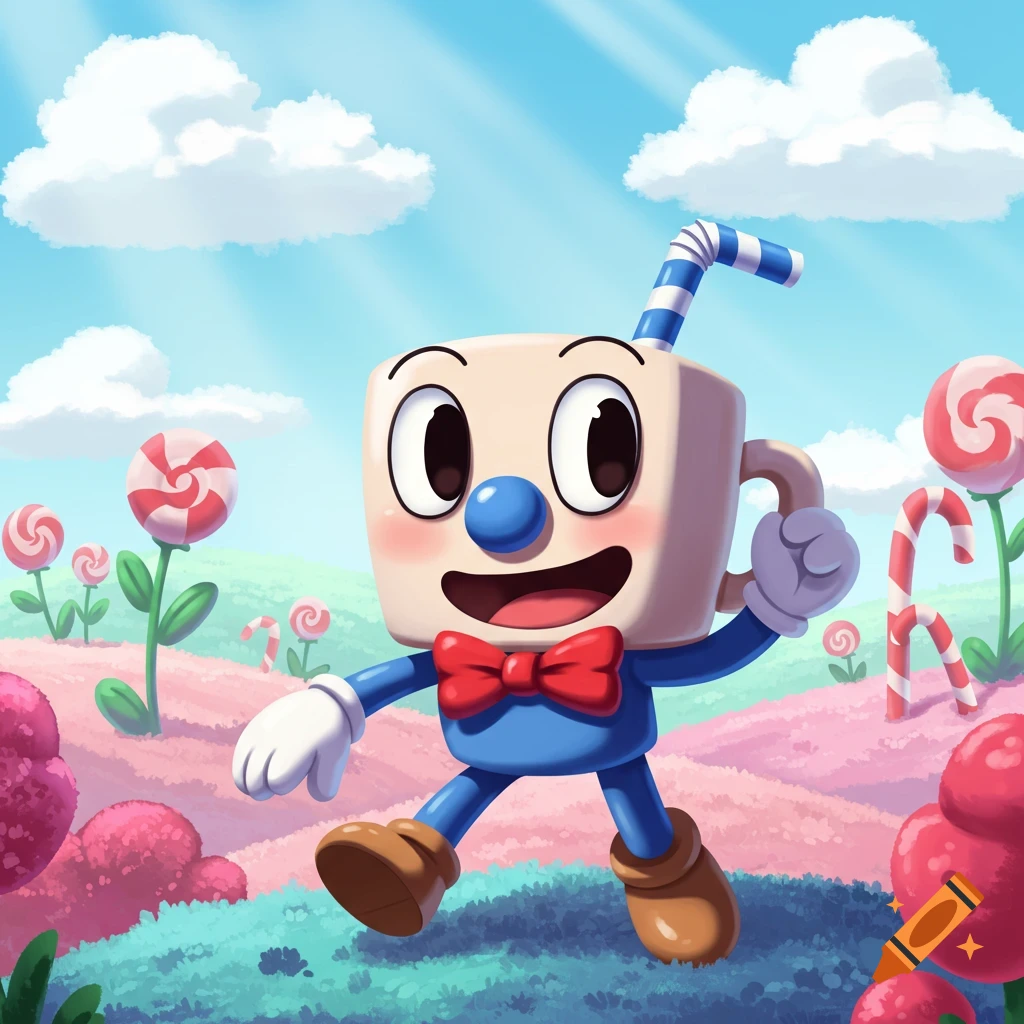 Cartoon character Mugman, a smiling cup-headed figure, walks through a whimsical candy land with lollipops and candy canes under a sunny sky.