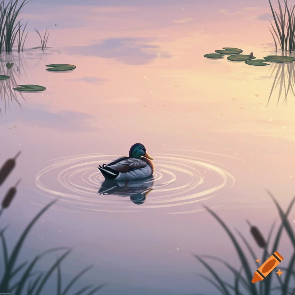 An illustrated mallard duck floats on a calm pond at sunset, with water ripples and plants.