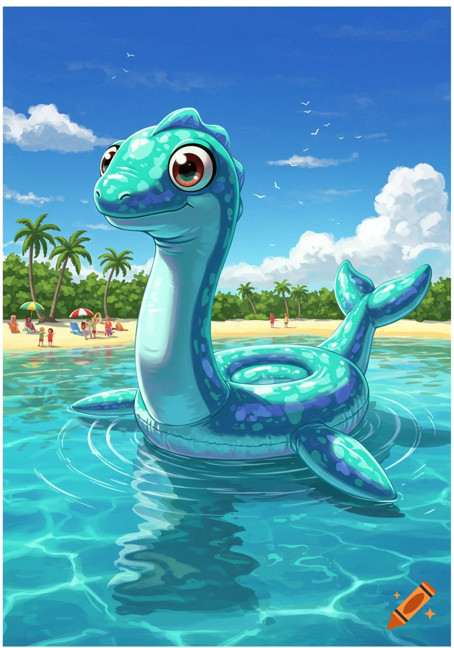 A happy cartoon inflatable mosasaur floats in tropical ocean water near a sunny beach with palm trees and distant people.