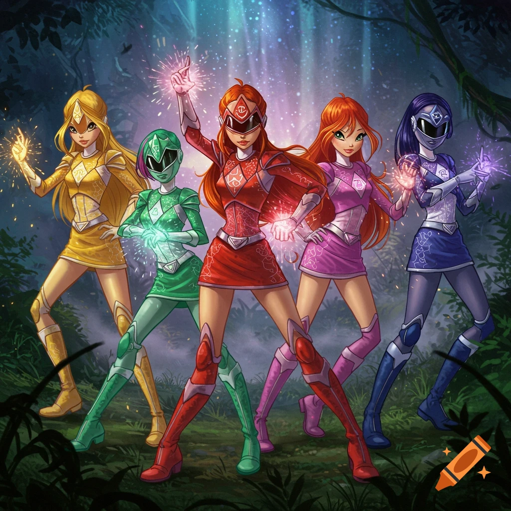 Five cartoon-style female Power Rangers, inspired by Winx Club, glow with magic in a mystical forest.