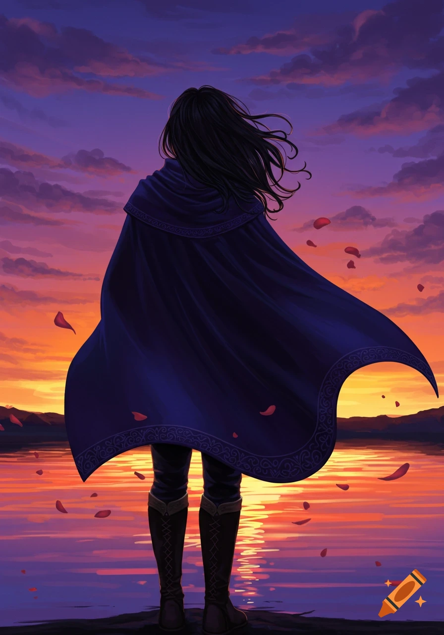 Person in a dark blue cloak with long hair, standing by a reflective lake at a vibrant sunset, with rose petals falling.