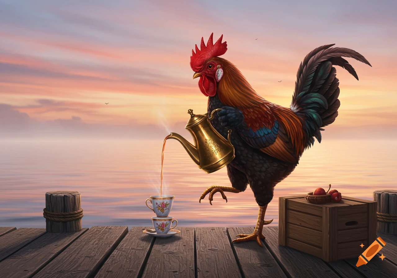 A colorful rooster pours a steaming drink from a golden teapot into teacups on a wooden dock by the sea at sunrise.