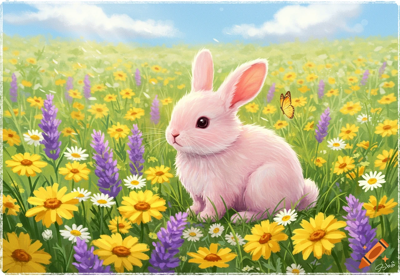 Cute pink bunny sits in a vibrant field of yellow, white, and purple wildflowers under a blue sky, with a butterfly nearby.