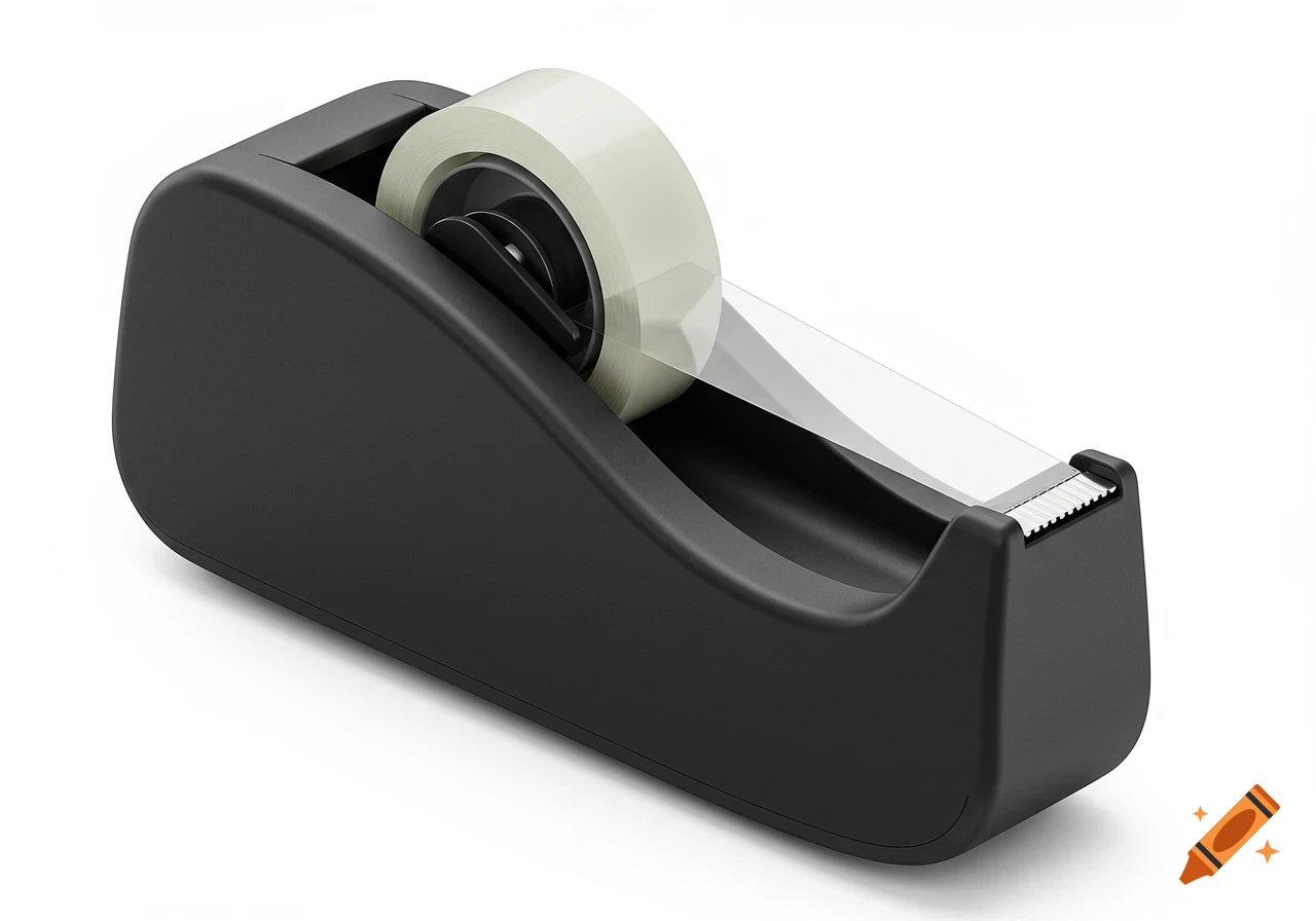 A modern black tape dispenser with a roll of clear tape, angled on a clean white background with studio lighting.