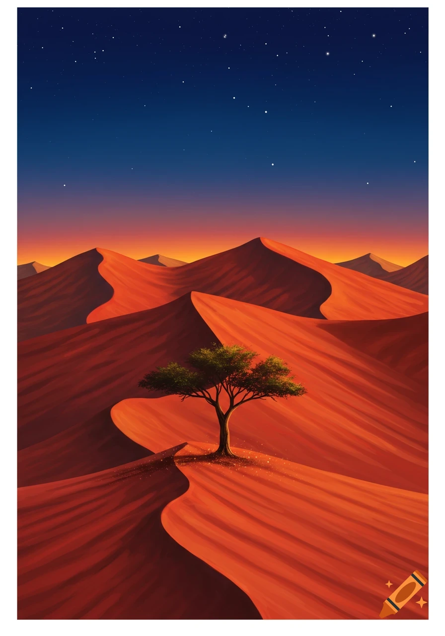 A stylized image of a single tree standing amidst vast red sand dunes under a gradient twilight sky with stars.