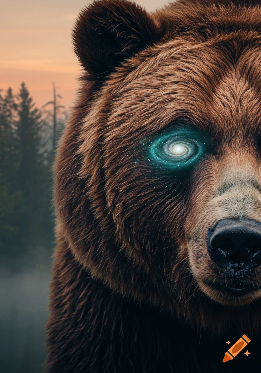 Close-up of a brown bear's face with a glowing spiral galaxy for an eye, set against a blurry forest and sunset sky.