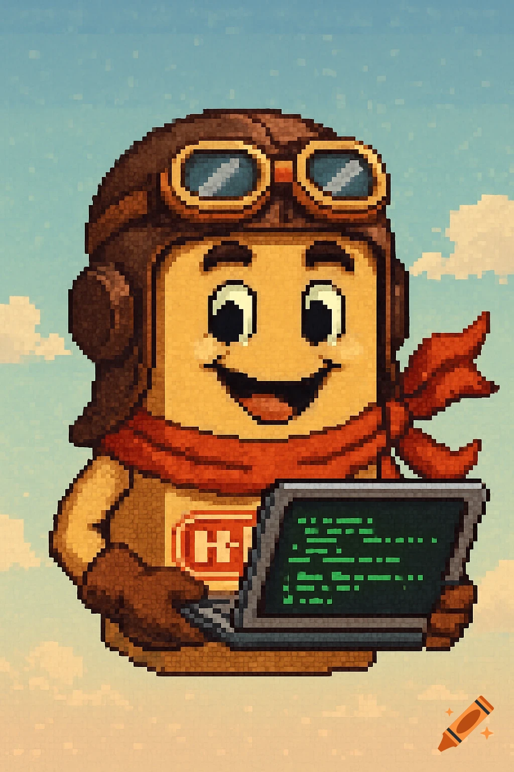Pixel art of H-E-Buddy, a character resembling a cereal box, wearing a pilot's cap, goggles, and scarf, holding a laptop with green code on the screen. The sky has clouds in the background.